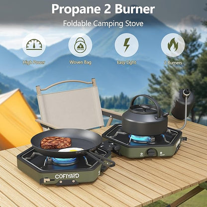 Propane 2-Burner Camping Stove with Carrying Bag and Gas Stove Pressure Regulator, Camping Essentials Folding Camp Stove with Flick-Style Ignition for Backpacking, Outdoor Cooking, Tailgating