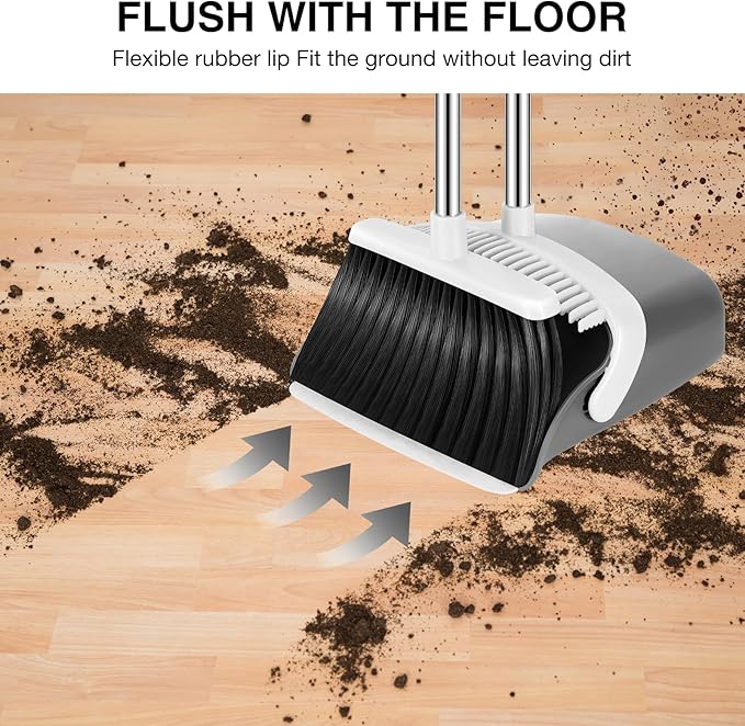 NACENA Broom and Dustpan Set, 52-in Long Adjustable Handle Broom Dustpan Combo with Dustpan Teeth to Automatically Clean Hair Suitable for Home Kitchen Office Hall Floor (Grey&White), 2 Pack