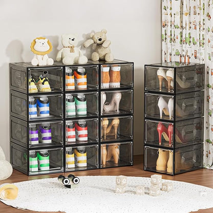 6 Pack Thicken Shoe Organizer Stackable,Upgraded Sturdy Shoe Storage Box with Magnetic Door,Shoe Containers For Sneaker Display,Hat Organizer,Black