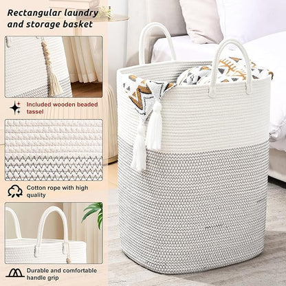 Woven Laundry Basket for Clothes, 100 L Large Rectangle Laundry Hampers with Beads Tassel, Nursery Storage Basket for Toys, Tall Dirty Clothes Hamper for Bedroom Aesthetic, Laundry Room Organization