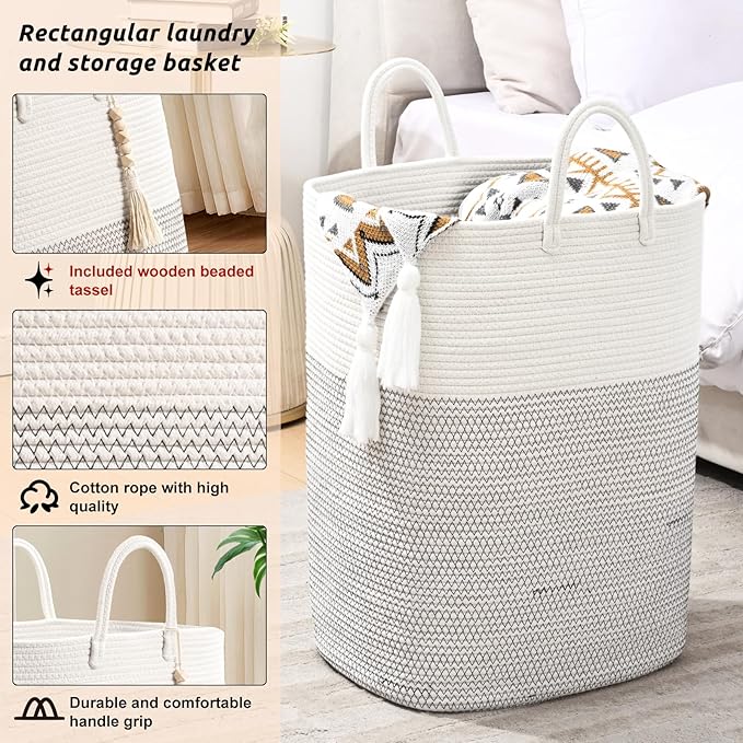 Woven Laundry Basket for Clothes, 50 L Large Rectangle Laundry Hampers with Beads Tassel, Nursery Storage Basket for Toys, Tall Dirty Clothes Hamper for Bedroom Aesthetic, Laundry Room Organization