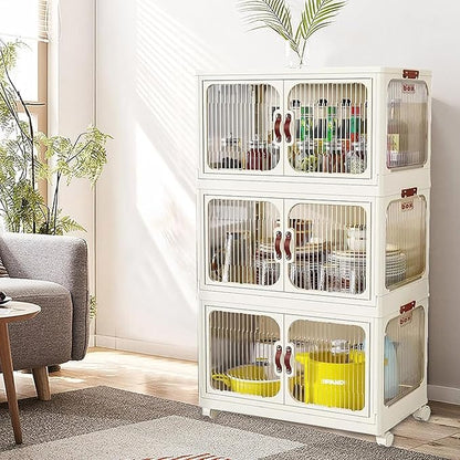Multi-Purpose Stackable Plastic Storage Bins with Wheels & Lids - Space-Saving Foldable & Collapsible Organizers for Home, Pantry, Office, Dorm, Craft Room & Closet (3 Layers)