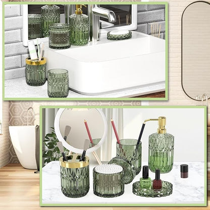 Green Glass Bathroom Accessories Set 5 Pcs, Green Bathroom Set, Soap Dispenser and Toothbrush Holder Set, Qtip Holder Set, Vintage Bathroom Sink Set, Cute Bathroom Decor