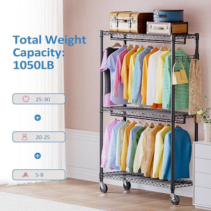 IZEUK 3 Tier Heavy Duty Rolling Garment Rack Wire Clothes Rack for Hanging Clothes, Metal Freestanding Closet Wardrobe Rack with Double Rods and Side Hooks Black 15.7" D x 45.3" W x 79.6" H