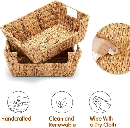 Water Hyacinth Wicker Basket 2 Pack With Handles - Pantry Storage and Organization, Handmade Large Natural Baskets for Organizing
