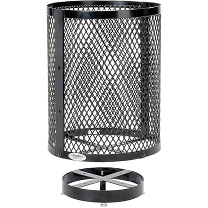 Global Industrial Outdoor Diamond Steel Trash Can with Rain Bonnet Lid, Raised Base and Plastic Liner, 36 Gallon Capacity, Black, Thermoplastic Coating, 23-1/2" Diameter, 43-1/2"H