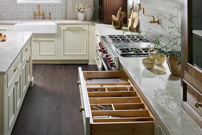 Rev-A-Shelf Trim-to-Fit Silverware Drawer Organizer For Kitchen Utensils, Cutlery Cabinet Storage Divider Insert, 33.13 x 22 In, Maple Wood, 4WUT-36-1