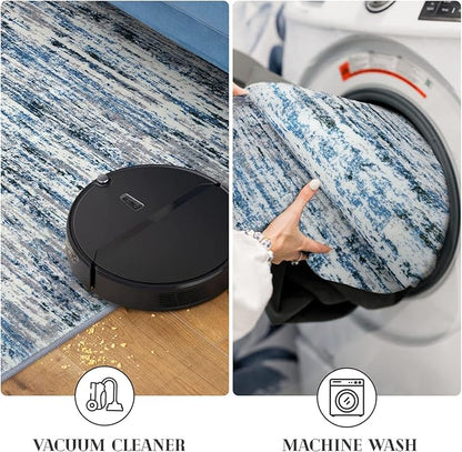 Modern Abstract Runner Rug 2x10, Grey Blue White Washable Long Kitchen Runner Non-Slip Soft Hallway Rug Runner Thin Print Faux Wool Carpet for Entryway Bedroom Laundry Room Indoor Home Decor