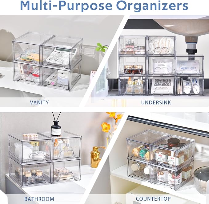 Plastic Drawers Storage, 6 Pack Clear Stackable Storage Drawers, Acrylic Storage Bins with Drawers for Fridge Organizers, Small PlasticDrawers Stackable for Makeup Organizers Cosmetic Display