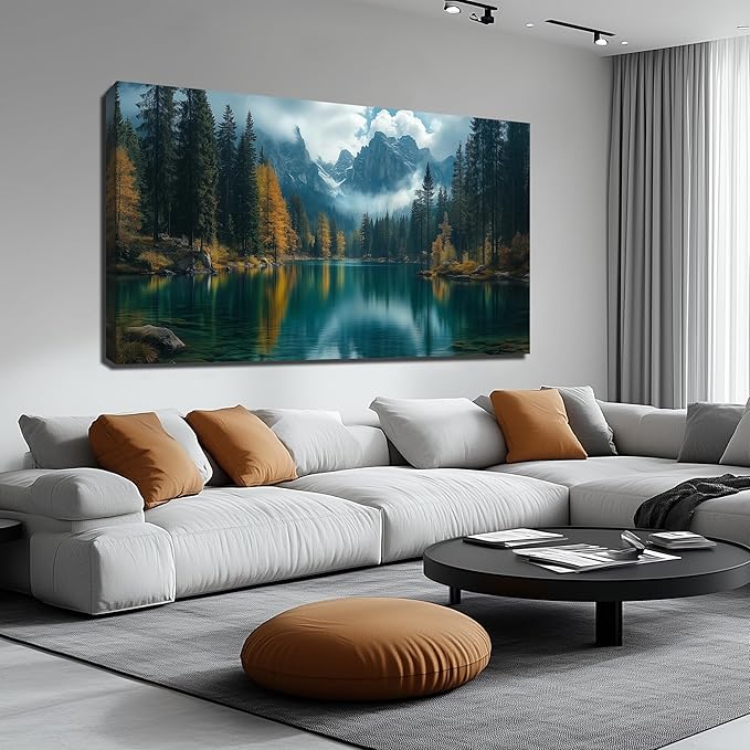 GUGIKA Landscape Wall Art for Living Room, Blue Mountain and Lake Wall-Decor for Bedroom, Modern Scenery Poster Canvas Print, Size 59 x 29 Inches
