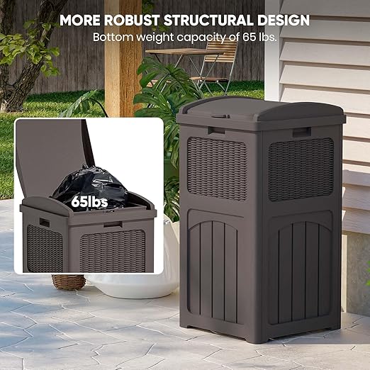 Patiowell 36 Gallon Outdoor Trash Can, Resin Outdoor Garbage Can with Lid for Patio, Backyard, Deck, Dark Brown (2 Pack)