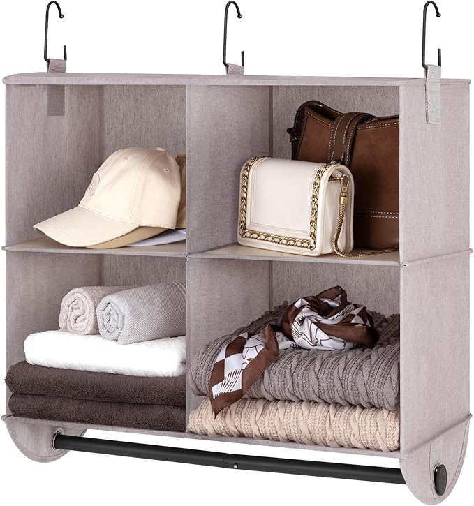 StorageWorks Hanging Closet Organizer with Metal Rod, 4-Section Closet Organizers and Storage, Collapsible Hanging Shelves for Wardrobe Organizer, Nursery, Bedroom, Light Khaki