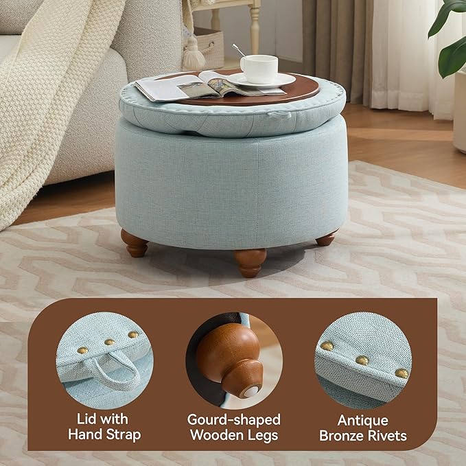 24Inch Round Storage Ottoman with Tray, Modern Tufted Fabric Circle Coffee Table with Storage, Upholstered Ottoman with Removable Top for Living Room, Bedroom, Light Blue