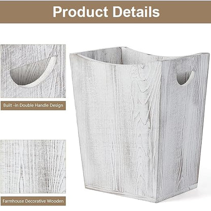 SEHERTIWY Wood Trash Can, Farmhouse Wastebasket Bin for Bathroom, Office, Bedroom, Living Room, Small Square Rustic Garbage Container (Wood-White)