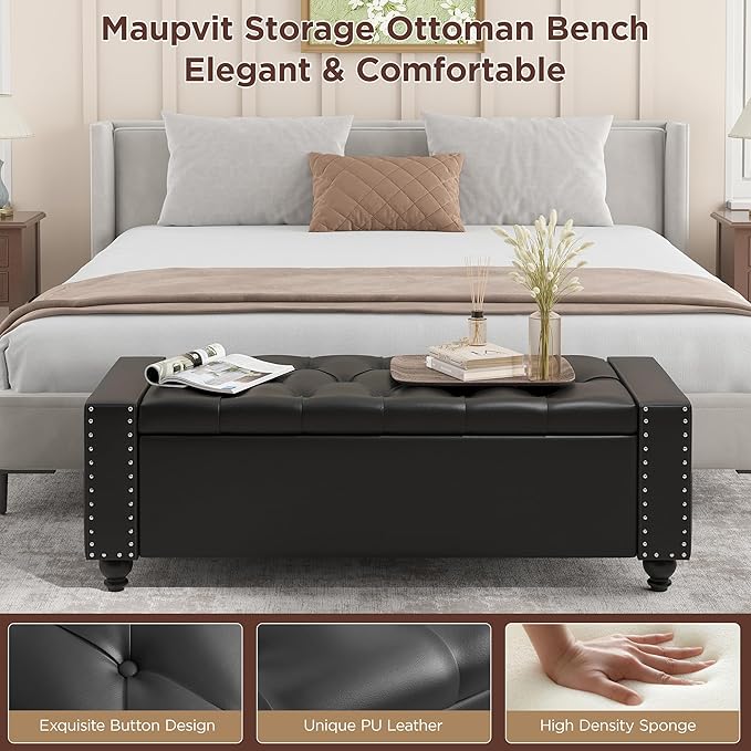 Maupvit Storage Ottoman Bench, 49 Inch Bedroom Bench, Upholstered Ottoman with Storage, Entryway Bench with Tufted Button, Faux Leather Window Bench for Bedroom, Living Room, Entryway, Hallway, Black