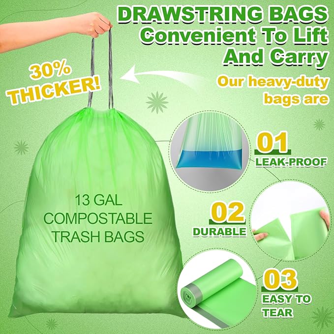 200 Count 13 Gallon Compostable Trash Bags with Drawstring Heavy Duty Extra Thick 1 Mil Kitchen Food Scrap Waste Bag Tear Resistant for Lawn Yard Home Kitchen Office