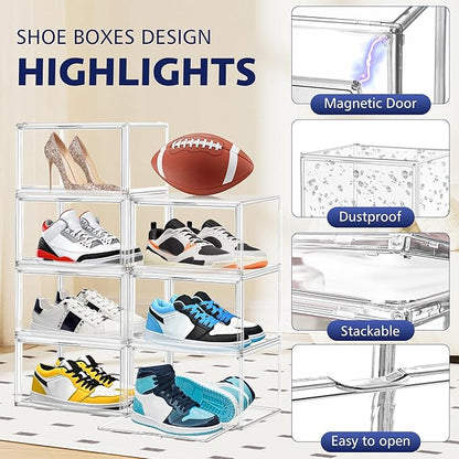 12 Pack Shoe Organizer Clear Plastic Stackable Shoe Storage Boxes with Magnetic Lid Acrylic Display Case Shoe Sneaker Rack for Closet,Fit up to US Size 12