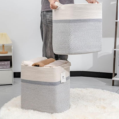 Storage Baskets for Clothes Fabric Cotton Rope Storage Basket with Handles, Decorative Woven Basket for Living Room,Closet Organizer Blankets, and 2bags (White/Gray, L16×W11.4×H15.9)