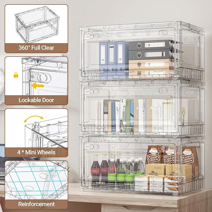 BROVIEW Clear Stackable Storage Bins Drawers, Open Front Large Plastic Storage Bins with Lids, Foldable Closet Organizers and Storage for Wardrobe Cabinets, Pantry, Makeup,5 Pack