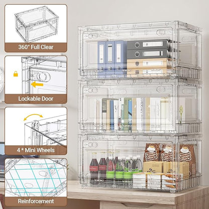 BROVIEW Clear Stackable Storage Drawers, Open Front Large Plastic Storage Bins with Lids, Foldable Closet Organizers and Storage for Wardrobe Cabinets, Pantry, Makeup,1 Pack