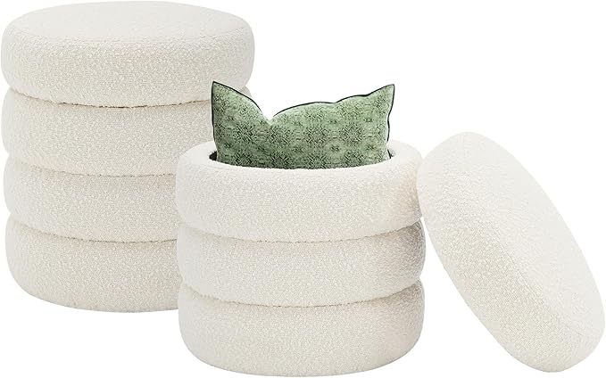 Round Ottoman with Storage Boucle Ottoman Stool with Storage Removable Lid for Living Room Modern Vanity Sorage Stool Foot Rest Bedroom Dorm Gifts Set of 2 (White)