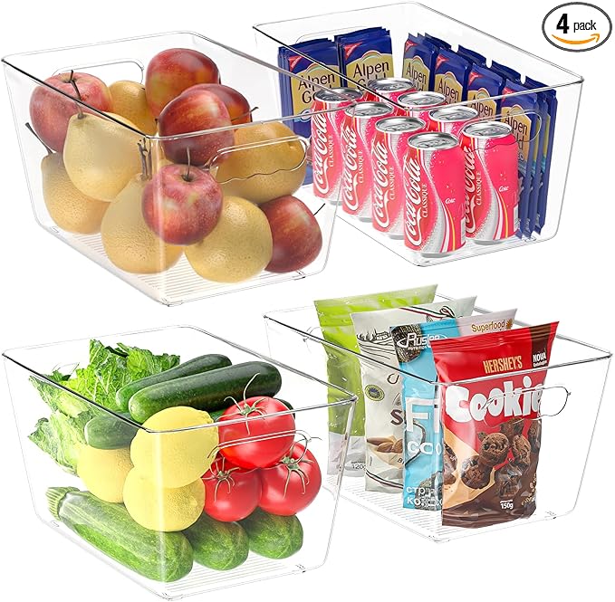 BALEINE Clear Plastic Storage Bins, Pantry Organization, BPA Free Stackable Refrigerator Organizers and Storage with Handles for Kitchen Fridge Cabinet Bathroom (4PK, 13x7.4x6.2)