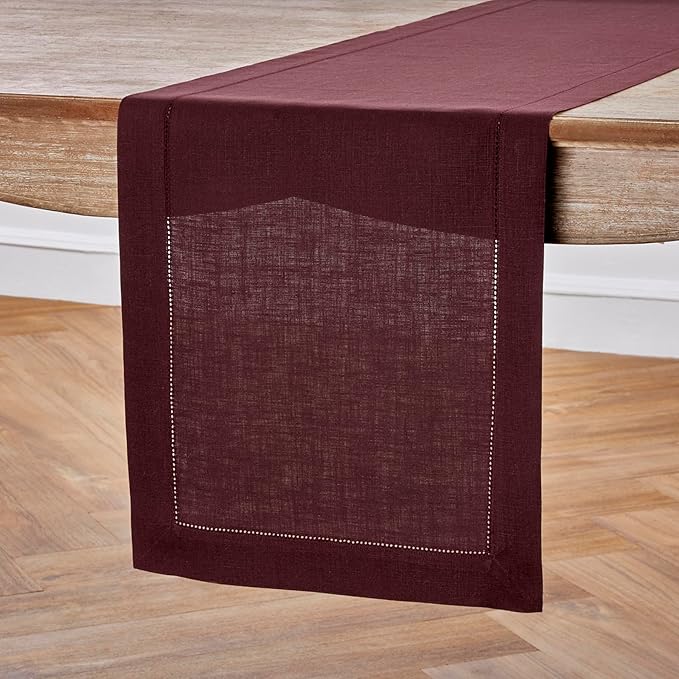 Solino Home Linen Table Runner 36 Inches - 100% Pure Linen Burgundy Hemstitch Table Runner 14 x 36 Inch Ideal for Dresser and Coffee Tables - Winter, Holiday, Christmas - Classic Hemstitch