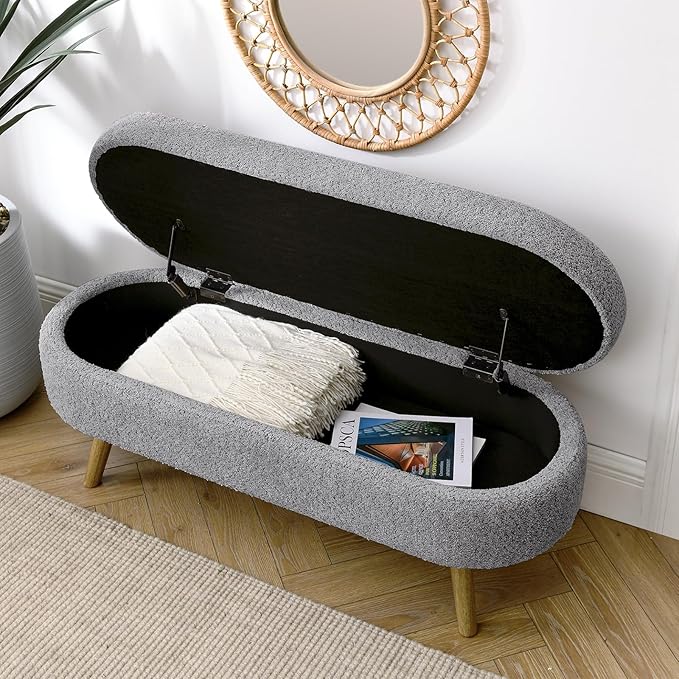Furnimart 43.5" Queen Size Storage Ottoman Bench, Flip Top End of Bed Storage Bench, Upholstered Blanket Bench for Bedroom, Entryway, Living Room, Tufted Looped Pile Yarn Fabric (Grey)