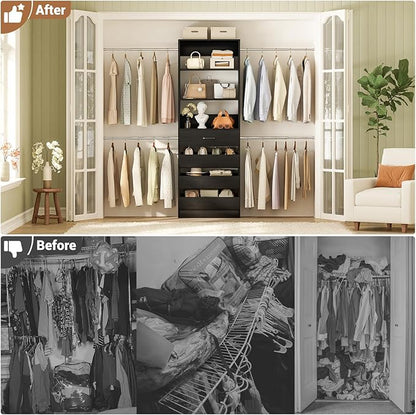 Aheaplus Closet System, 4-9Ft Closet Organizer with 4 Wooden Drawers, Wood Closet Organizer System with Tower, Walk-in Closet Organizer Wardrobe Clothes Rack with 4 Hanging Rods, Garment Rack, Black