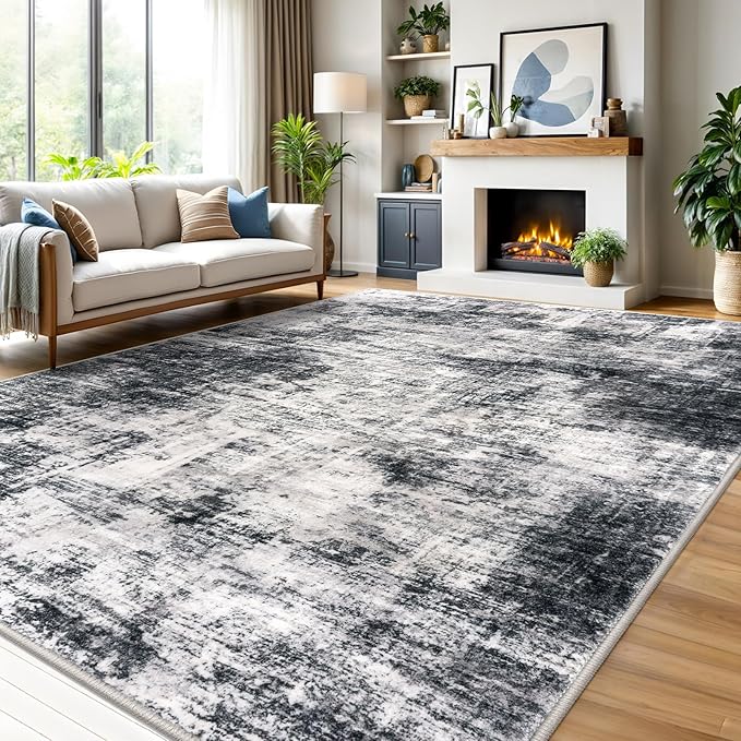 IOHOUZE Abstract Area Rugs 9x12 Ft Washable Large Rugs for Living Room, Non Slip Dining Room Rug, Printed Rugs for Bedroom, Floor Carpet for Office Nursery Playroom, Black Grey