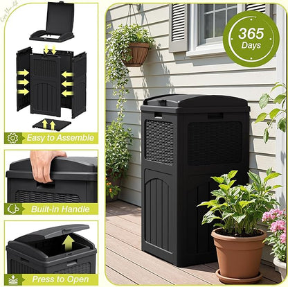 Greesum 33 Gallon Outdoor Trash Can with Lid, Waterproof Resin Garbage Bin for Hideaway, Deck, Patio, 3 Pack, Black