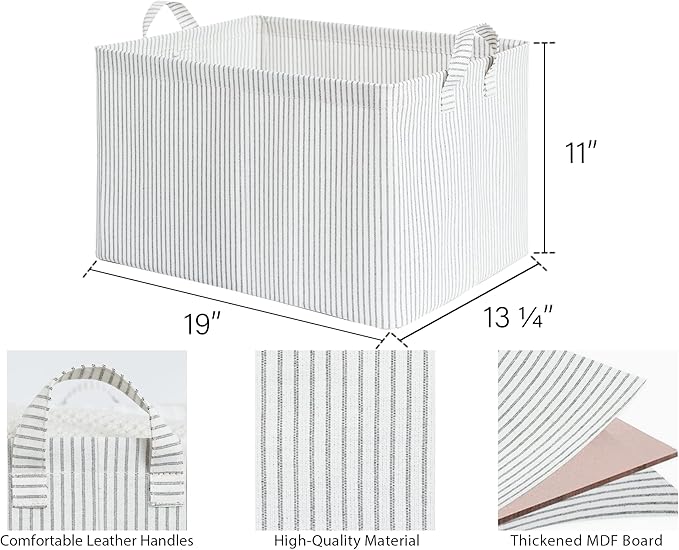 StorageWorks 45L Large Storage Bins for Closet and Shelves, Fabric Organizer Baskets with Metal Frame for Clothes, Towels, Collapsible Storage Basket, Gray and White Stripes, 2-Pack