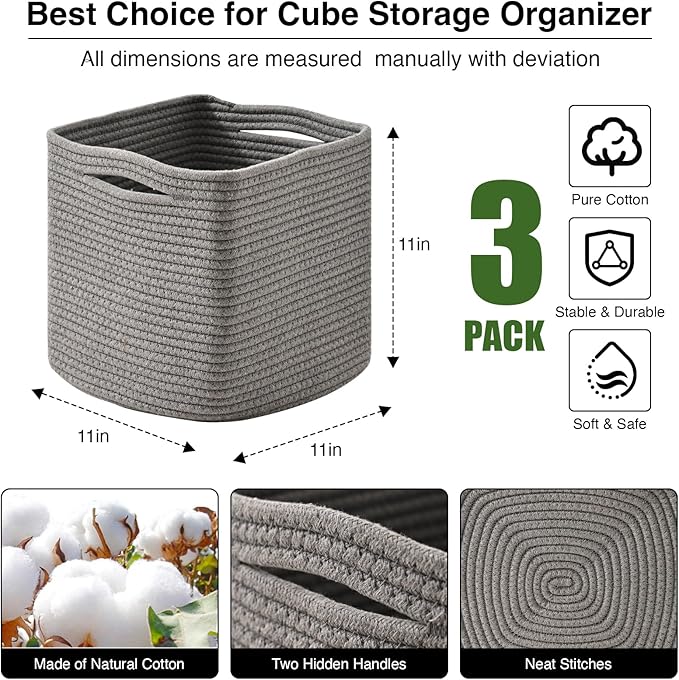 11 Inch Cube Storage Bins, Storage Cube Organizer Bins, Woven Cotton Rope Basket for Storage, Storage Baskets for Organizing Shelves, Grey Baskets for Toys Nursery, Grey (Pack of 3)