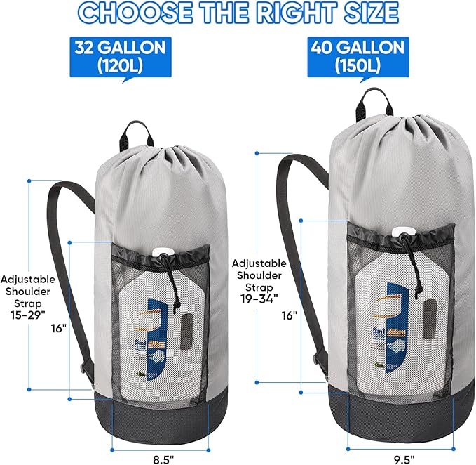 BALEINE 150L Laundry Bag Backpack, 900D Oxford Fabric Large Travel Laundry Bags with Shoulder Straps and 2 Mesh Pockets for College Dorm, Apartment, Laundromat (Grey, 150L)
