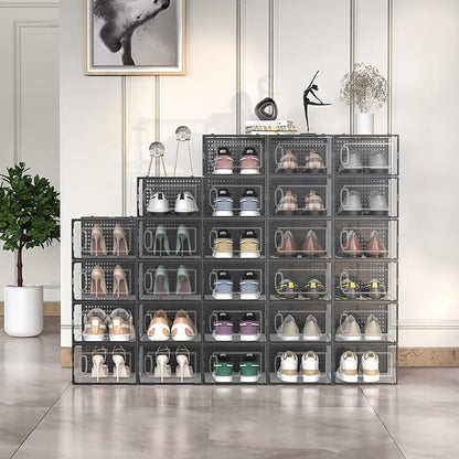 12 Pack Large Modular Clear Plastic Stackable Shoe Storage Organizer for Closet, Space Saving Versatile Sneaker Shoe Rack Containers Bins Holders, Portable Closet Organizers and Storage, Black