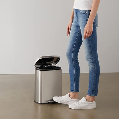 Amazon Basics Smudge Resistant Small Rectangular Trash Can With Soft-Close Foot Pedal, Brushed Stainless Steel, 12 Liter/3.1 Gallon, Satin Nickel Finish, 11.3"L x 9.9"W x 15.1"H