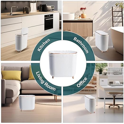 Bathroom Trash Can with Lid 3.2 Gallon Narrow Trash Can Small Plastic Trash Bin 12 Liter Rectangular Plastic Garbage Can with Press Type Lid for Bedroom Bathroom Milk White
