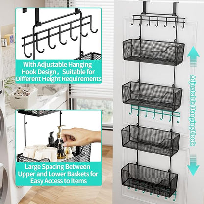 HapiRm Over The Door Organizer - Hanging Door Organizer with 4 Metal Large Capacity Baskets and Adjustable Coat Hook for Bathroom Bedroom Kitchen Pantry Closet Cabinet
