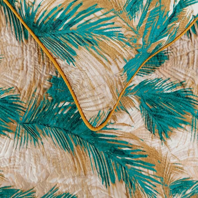 The HomeCentric King/Queen/Twin Green Decorative Queen 74"x18" Bed Runner with Pillow Cover, Plam Leaves & Quilted Bed Scarf on Satin Fabric - Palms