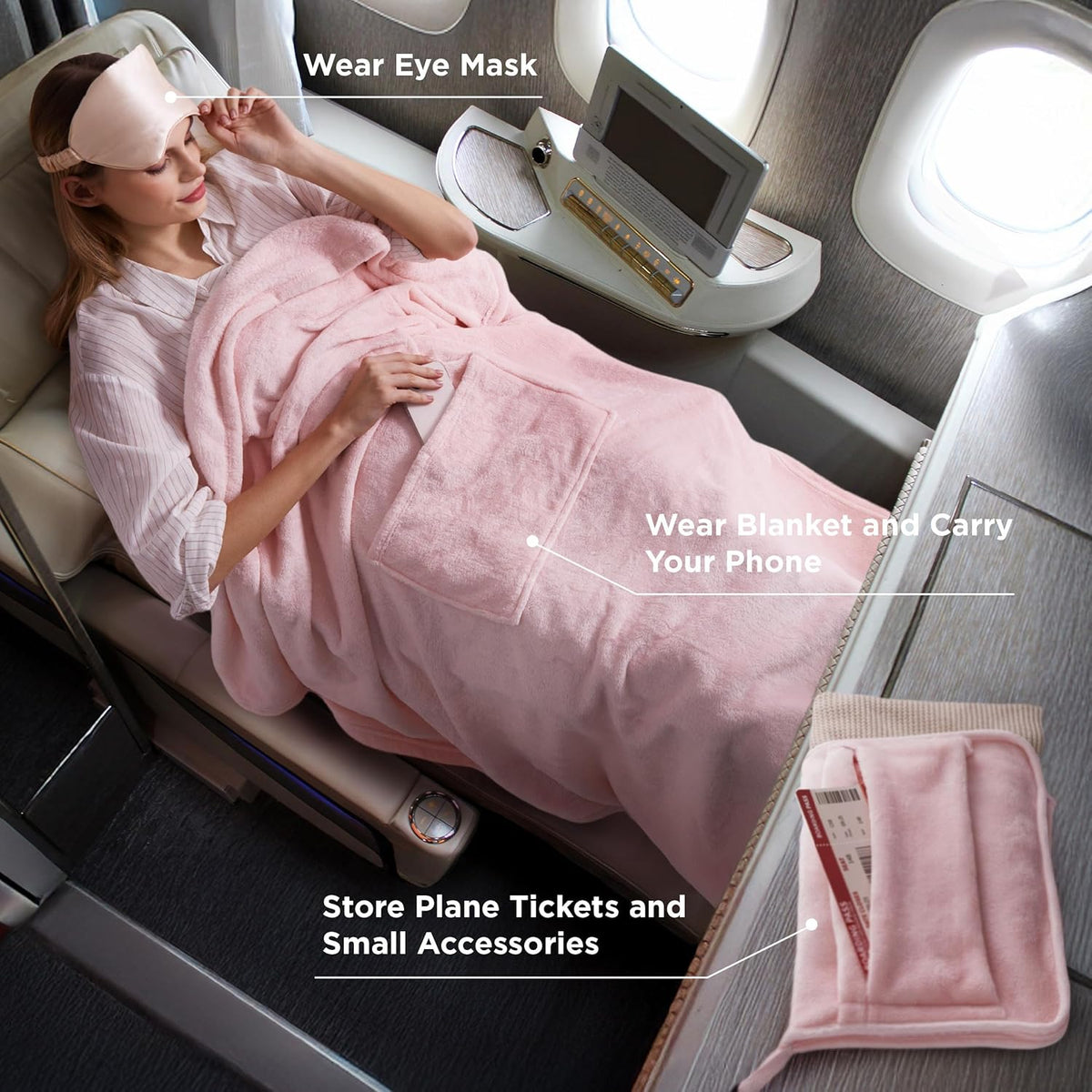 Bedsure Travel Blanket Airplane Compact with Storage Bag, Packable Blanket with Eye Mask, Lightweight 2-in-1 Travel Essentials, Functioned as Pillow for Airplane Comfort and Warmth, Pink