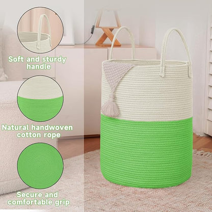 Large Woven Laundry Basket Hamper,100L Cotton Rope Storage Bin for Blankets,Toys and Clothes,Decorative Tall Nursery Hamper for Living Room,Baby Nursery,Bathroom and Bedroom,Light Green