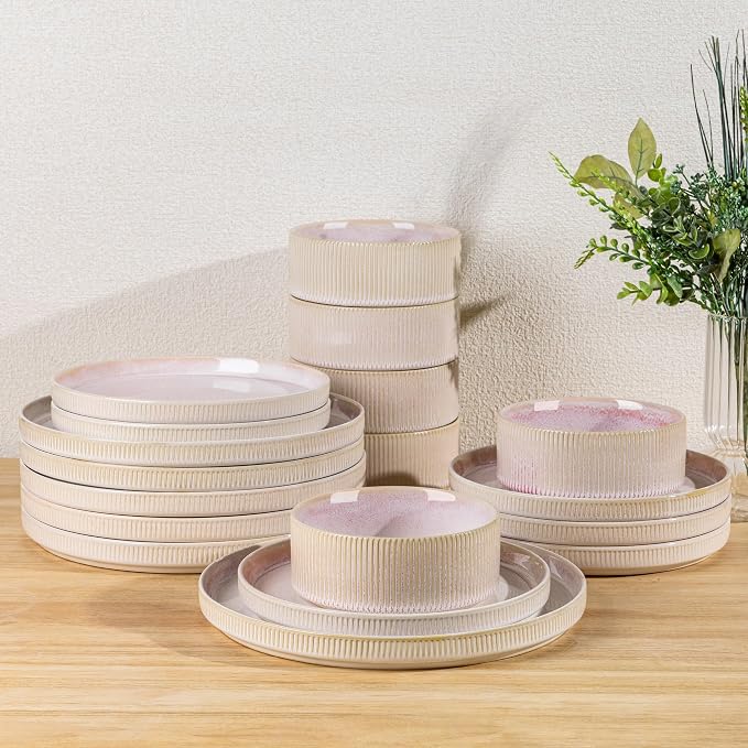 Ceramic Dinnerware Set for 6, 18-Piece Plates and Bowls Set | Lightweight