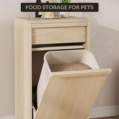 Tilt Out Trash Cabinet, Natural Wood Hidden Garbage Can Cabinet for 10 Gallon Bins, Modern Pet-Proof Trash Cabinets for Kitchen, Dining, Living Room Storage