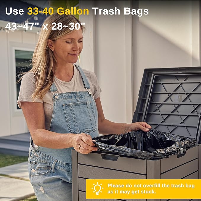 EAST OAK 38 Gallon Outdoor Trash Can | Waterproof Resin Garbage Can with Tiered Lid & Drip Tray | Outside Trash Bin for Patio | Kitchen, Backyard & Deck | Gray Color
