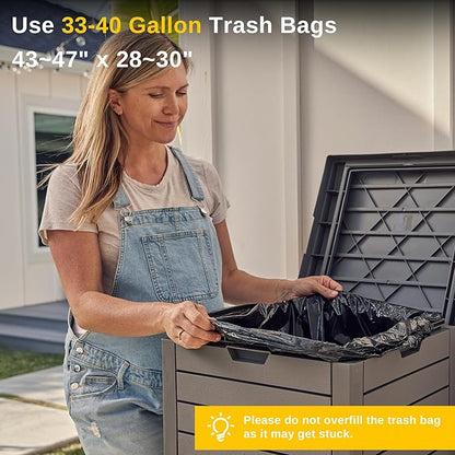 EAST OAK 38 Gallon Outdoor Trash Can | Waterproof Resin Garbage Can with Tiered Lid & Drip Tray | Outside Trash Bin for Patio | Kitchen, Backyard & Deck | Gray Color