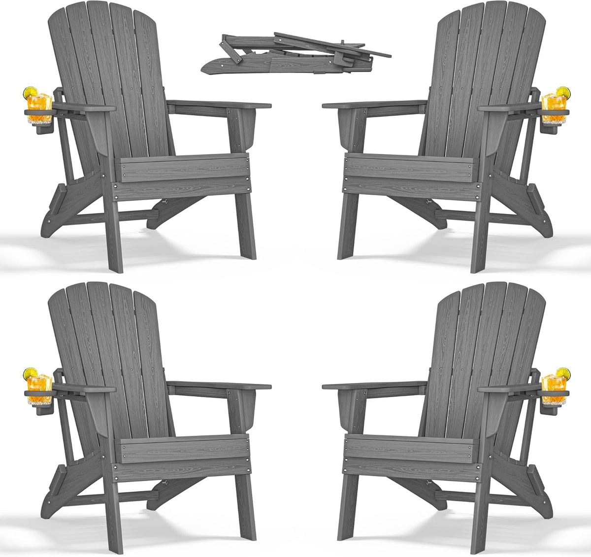 Folding Adirondack Chair - Extended Ergonomic Backrest, Cup Holder - Easy Assembly - Durable HDPE Plastic, Weather Resistant & Maintenance-Free - Lawn, Patio, Deck Supports 380lbs Grey