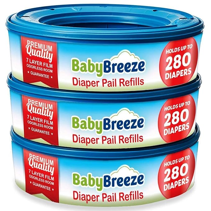 BabyBreeze Diaper Pail Refill Bags Compatible with Playtex Diaper Genie Pails Odor Absorbing Diaper Disposal Trash Bags - 840 Count (3-Pack)
