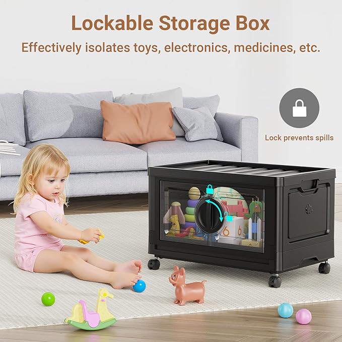 BROVIEW 360Qt Lockable Stackable Storage Bins with Lids, Closet Organizers and Storage Drawer, Collapsible Storage Bin with Wheels, Plastic Cabinet for Toy Clothes Dorm Organizer, V9 3 Pack Black