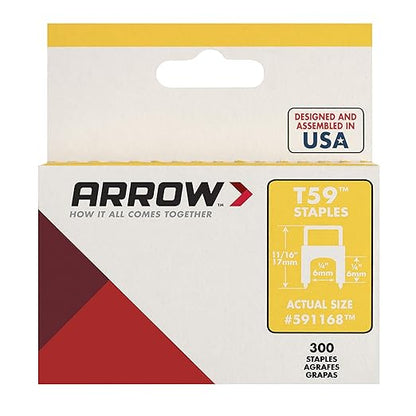 Arrow 591168 Genuine T59 Steel 1/4-Inch by 1/4 Crown Width Insulated Staples for Cable and Wiring, Clear, 300 Count