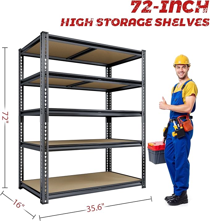 72"H Storage Shelves Heavy Duty, 2000LBS Garage Shelving, 5 Tier Metal Shelving Unit Adjustable Garage Shelves Utility Rack Shelf for Storage Warehouse Pantry Closet,35.6" W × 16" D × 72" H, Black